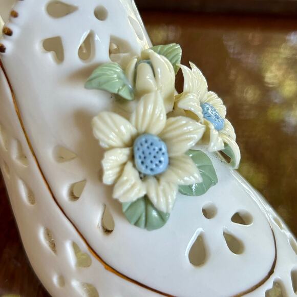 Vintage Porcelain Lattice Shoe with Applied Flowers – 8” Decorative Figurine - Picture 5 of 12